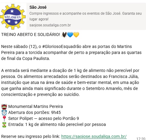 São José anuncia treino aberto antes do jogo de ida 2